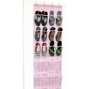 24 Pockets Crystal Clear Over The Door Hanging Shoe Organizer Pink